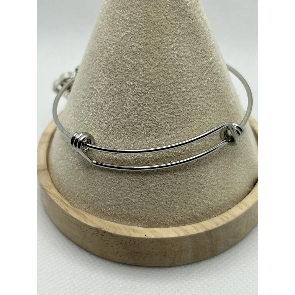 Silver Tone Rose Flower Charm Bangle‎ Bracelet Pink Pearl Accent Adjustable